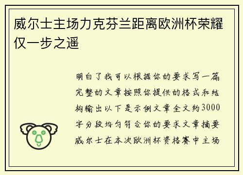 威尔士主场力克芬兰距离欧洲杯荣耀仅一步之遥